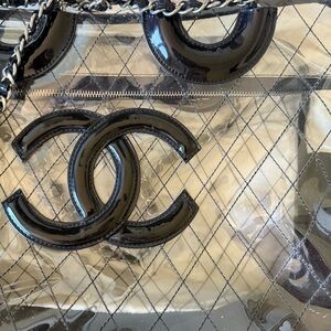 CHANEL Clear Tote with Black Patent CC Logo and Chain Strap